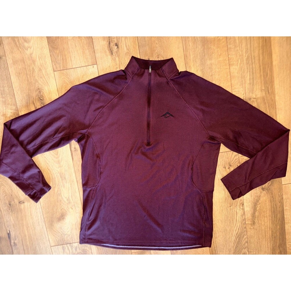 Mens NIKE TRAIL Long Sleeve 1/4 Zip Size Medium Burgundy Thumbholes Wool Blend